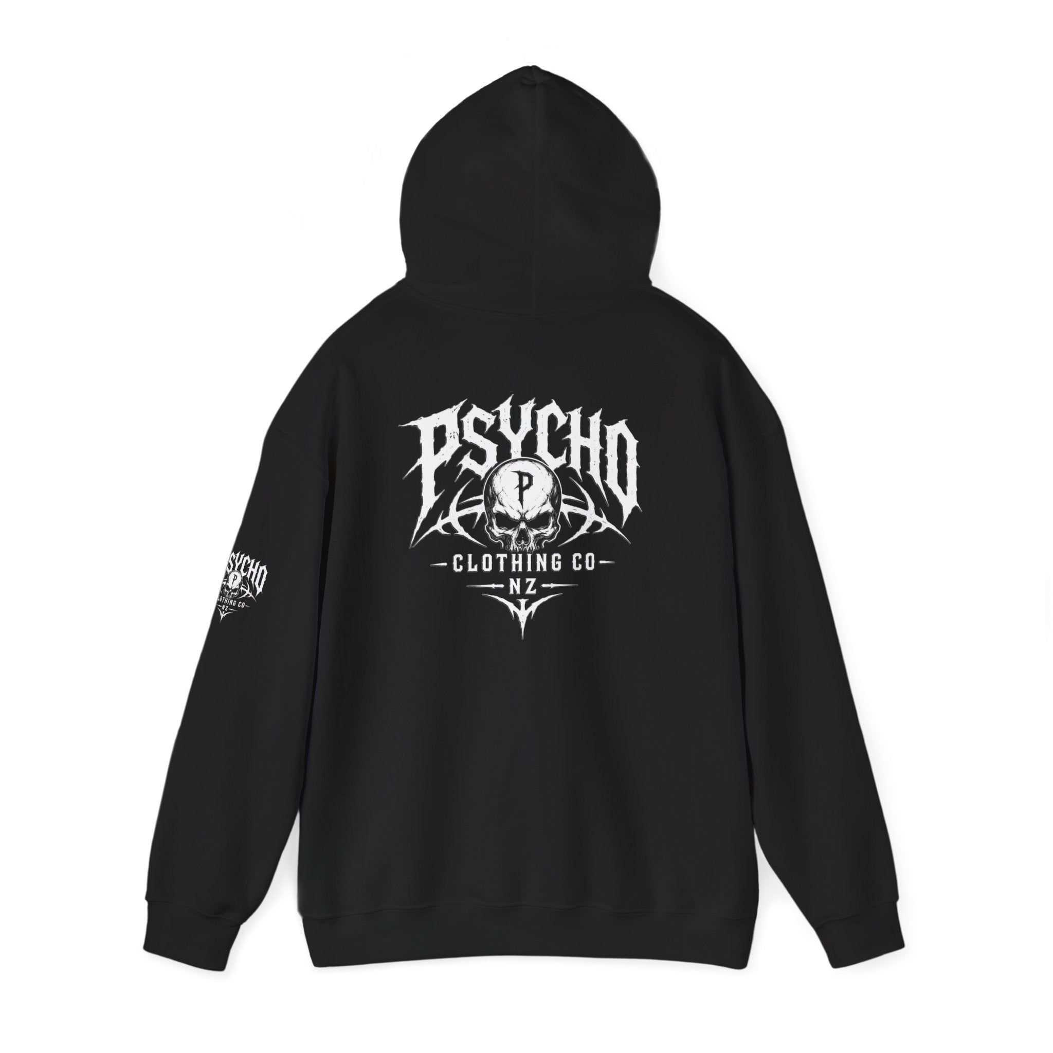 Psycho Clothing Co. Logo Hoodie — Gothic Skull Graphic Pullover