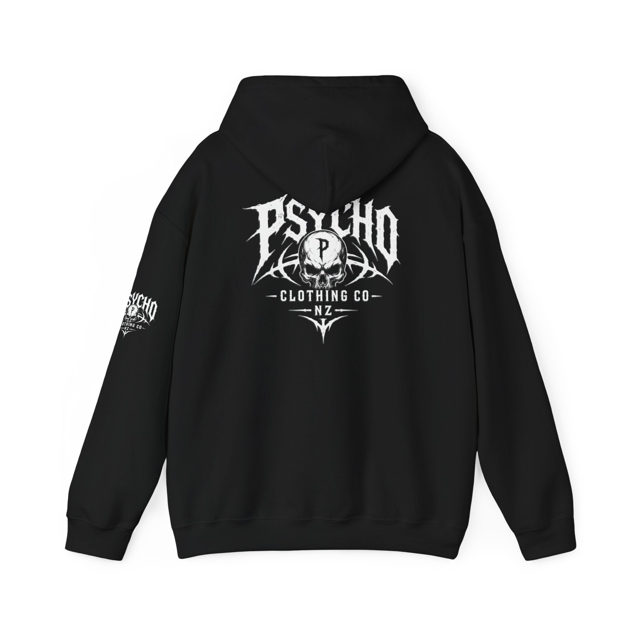 Psycho Clothing Co. Logo Hoodie — Gothic Skull Graphic Pullover