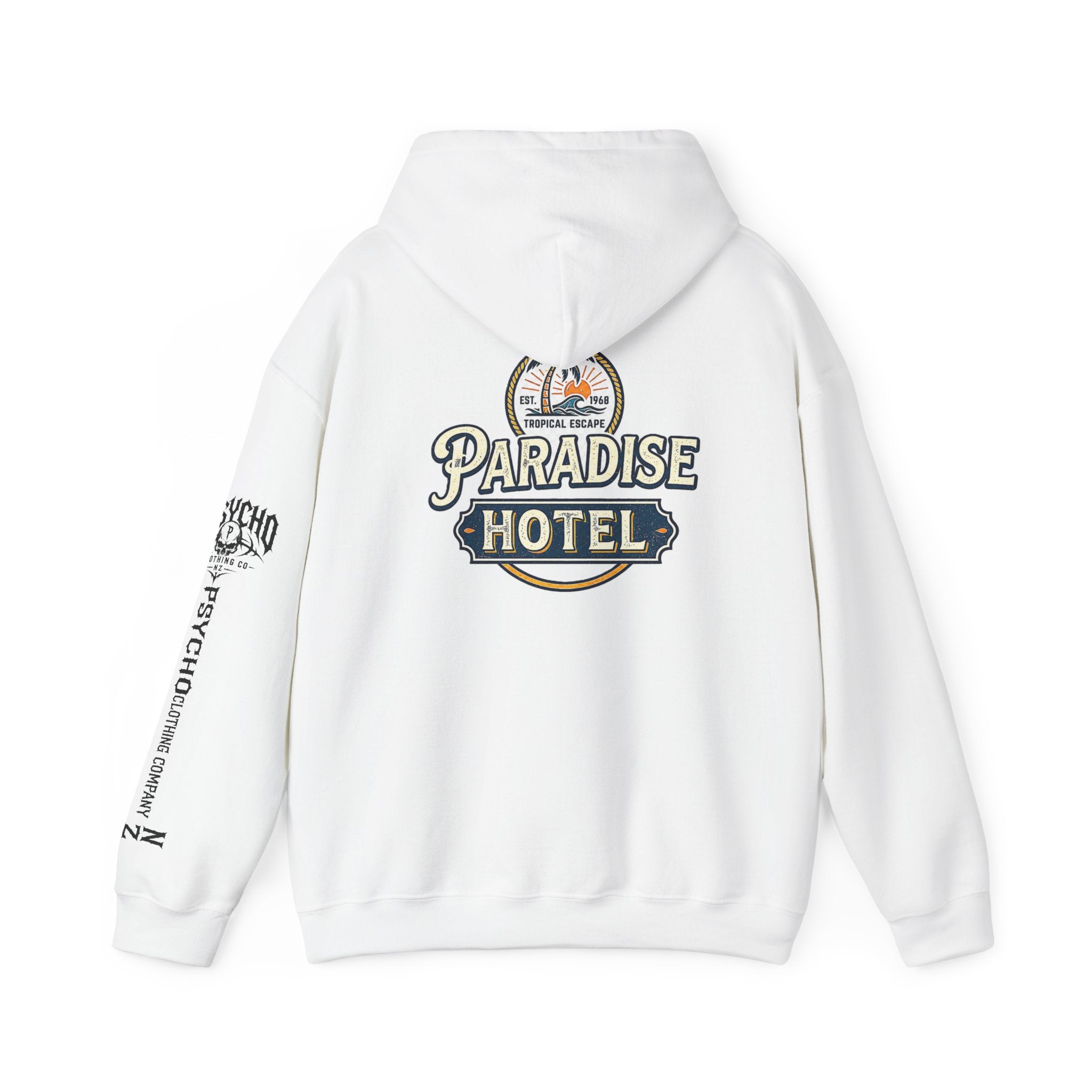 Paradise Hotel Hoodie — Vintage Tropical Resort Logo Pullover