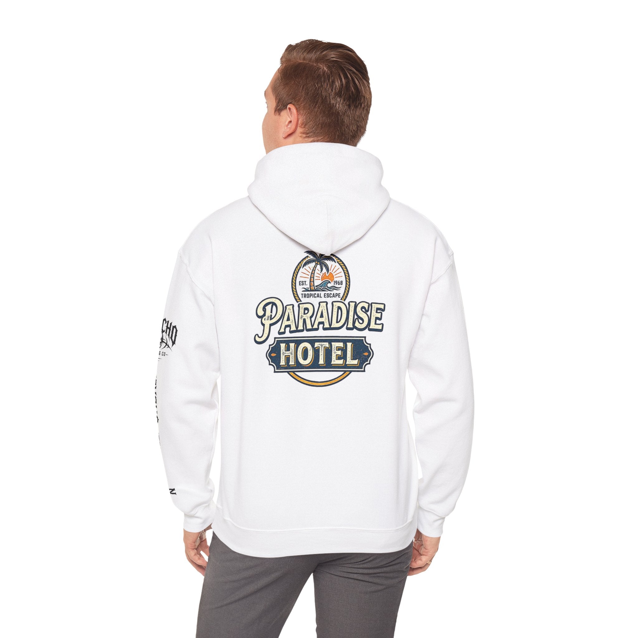 Paradise Hotel Hoodie — Vintage Tropical Resort Logo Pullover
