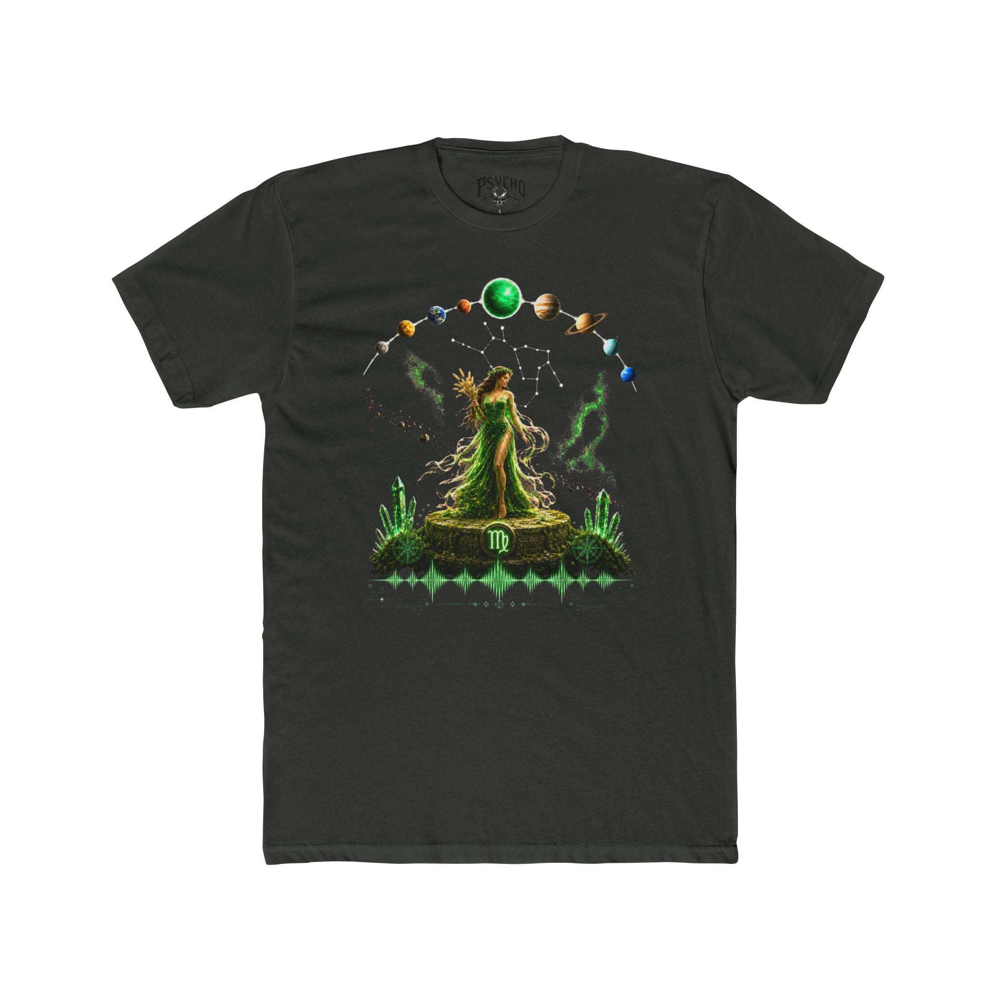 Virgo Zodiac Goddess T‑Shirt — Green Astrology Constellation Tee