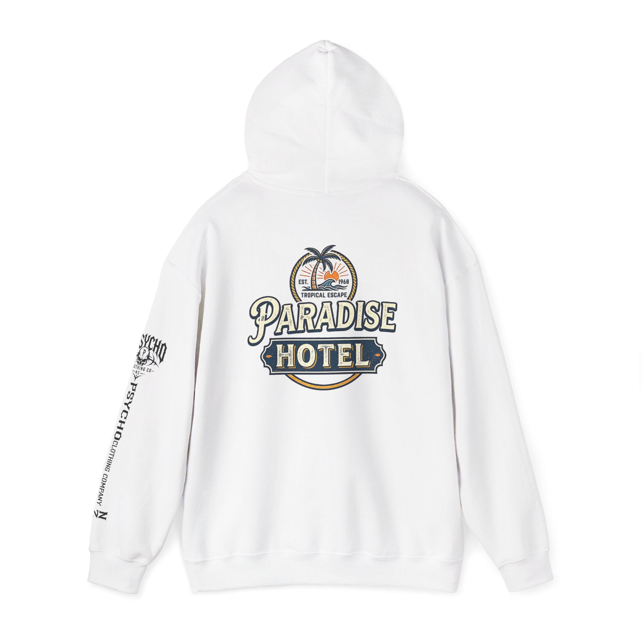 Paradise Hotel Hoodie — Vintage Tropical Resort Logo Pullover